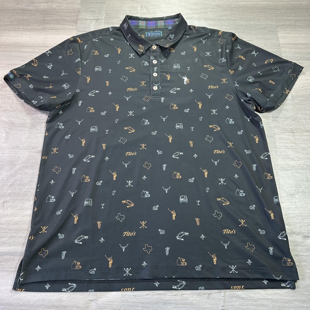 William Murray Polo Shirt Mens XL Black Tito's Texas Golf Graphic Print Stretch
